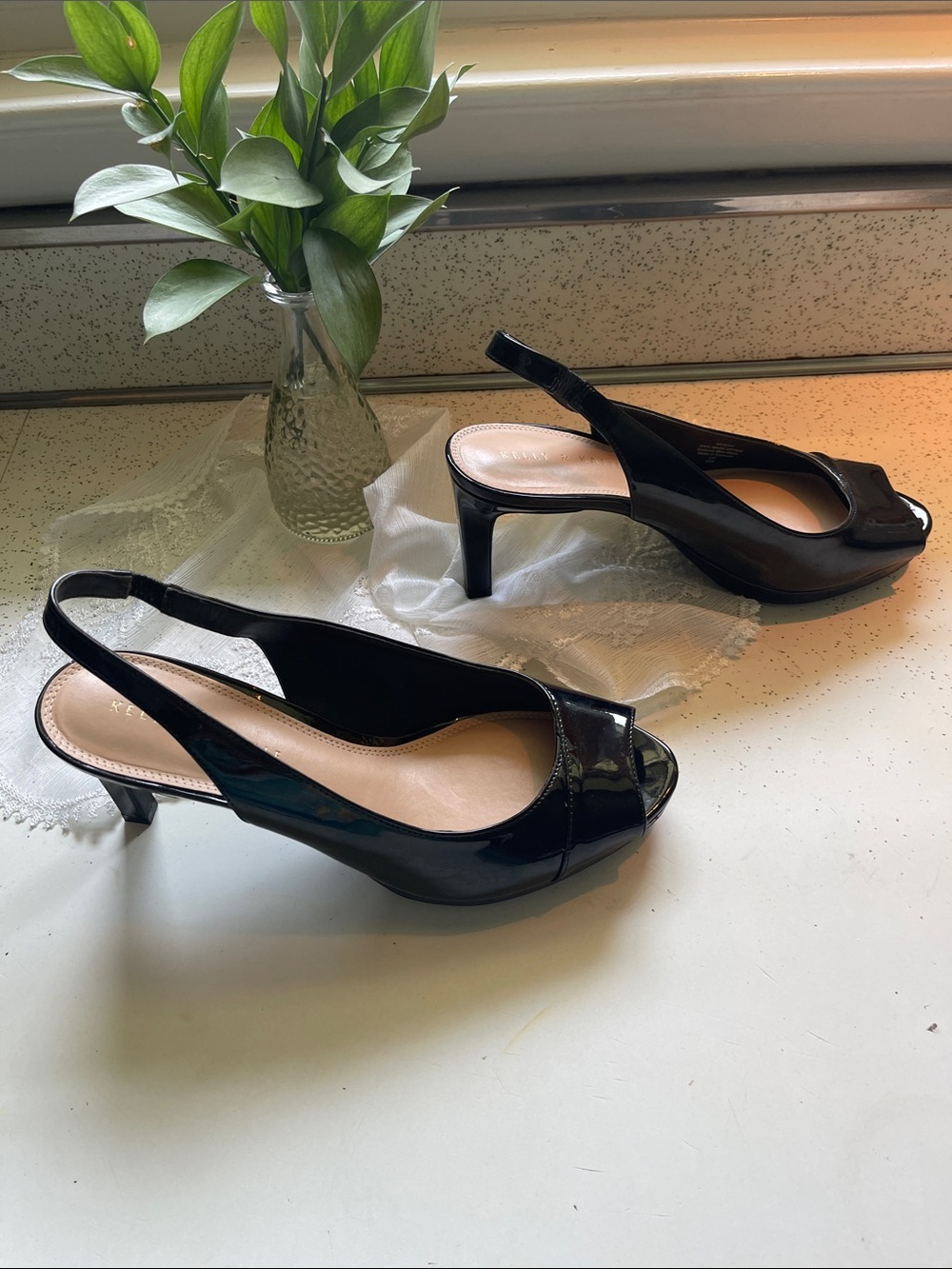 Women’s patent leather sling back peep toe heels.  By “ KELLY & KATE “ Size 10